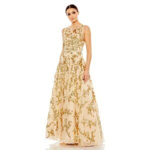 NWT Mac Duggal 10953 Jewel Neckline Embellished Maxi Dress Nude Gold Size 6